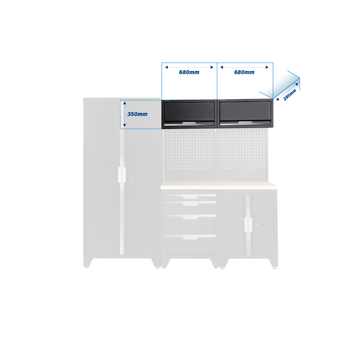 SGS 7pc Garage Storage System | 4 Drawers | Pressed Wood Worktop | Floor Cabinet | 2x Upper Cabinets | Tall Double Cabinet